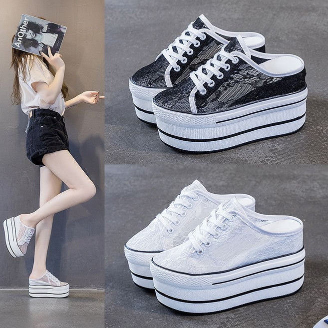 꽃무늬 망사 메쉬 키높이 통굽 뮬 스니커즈 통기성 뒤없는 블로퍼 화이트 블랙 220