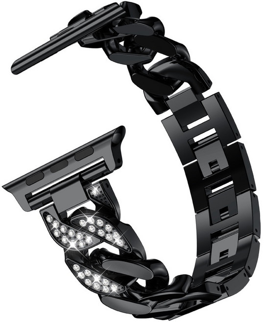 Rabbit Technology 水鑽金屬錶帶 女生款 適用Apple Watch錶帶, 黑色 鑲鑽牛仔鏈,3代42/44/45/46/49mm, 1個