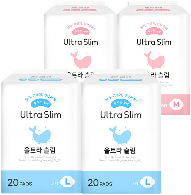 춤추는고래 대용량 생리대 날개형 중형 24개입 X 2개 + 대형 20개입 X 2개/ 88매, 88개