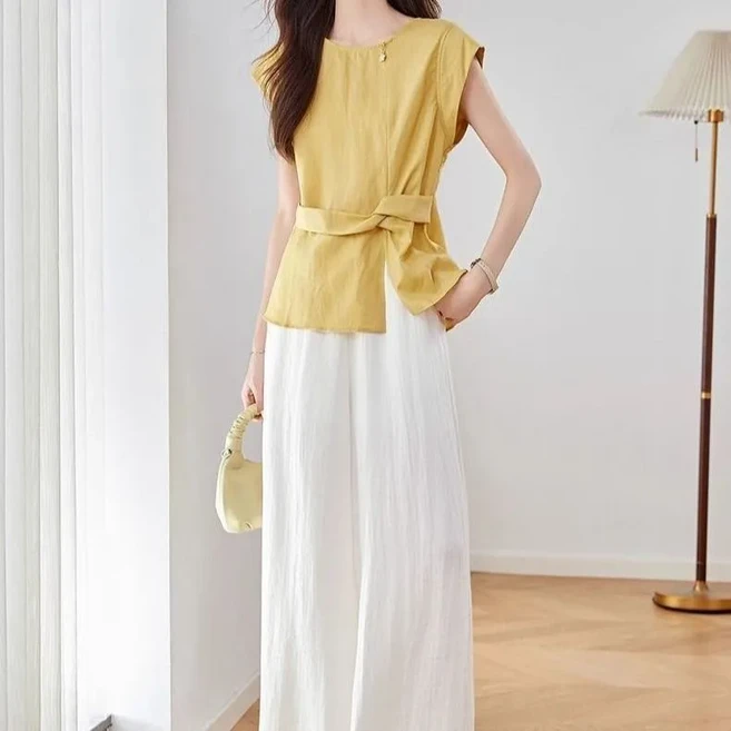 Makone 여성 린넨 민소매 블라우스 스트레이트 팬츠 투피스 체형커버 라운드넥 셔츠 와이드 바지 상하의 세트 패션 오피스룩