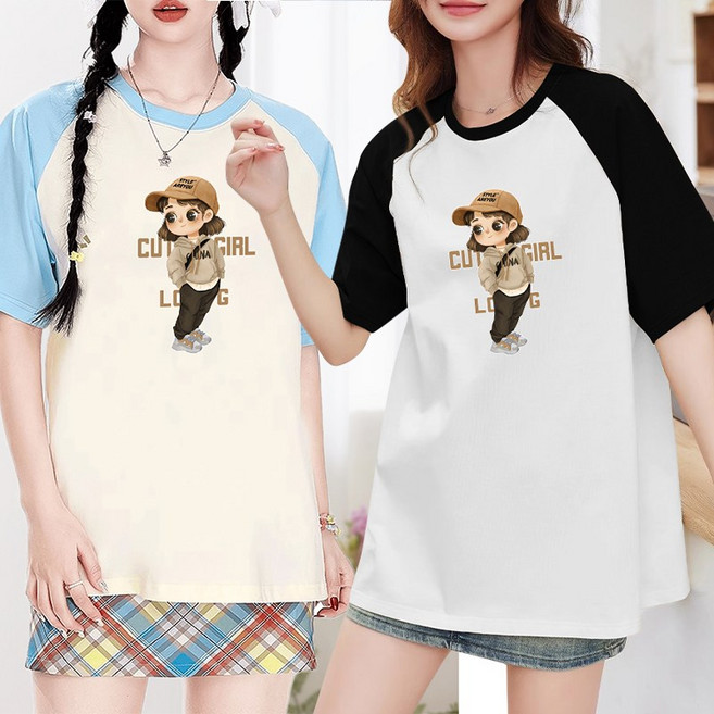 스타일아유 루즈핏 면100% 배색 래글런 소녀 프린팅 반팔 티셔츠 트렌디한 여성 데일리룩 TS3392