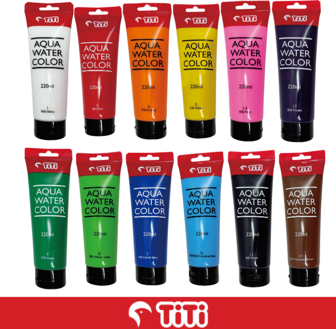 티티 아쿠아물감 220ml 대용량 수채화물감 14색 어린이집 유치원 초등학교 신학기 미술용품, 노랑