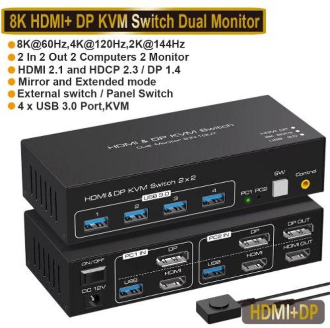 Navceker 듀얼 모니터 DP KVM 4K 120Hz 2x2 USB 3.0 HDMI 2 인 8K 60Hz 혼합 컴퓨터