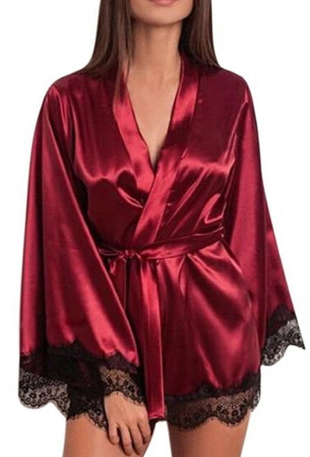 로브 가운 홈웨어원피스 로브가디건 여성 새틴 nightdress 실크 레이스 란제리 잠옷 잠옷 섹시한 레이디 긴 소매 속옷 여름 잠옷