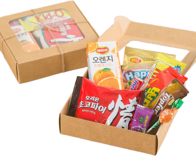 슬기마트 학교 학원 수능 국가고시 시험 크라프트 음료 간식 꾸러미 회사 단체 행사 선물세트 답례품 라벨 부착, 1세트, 투명창상자+9종간식