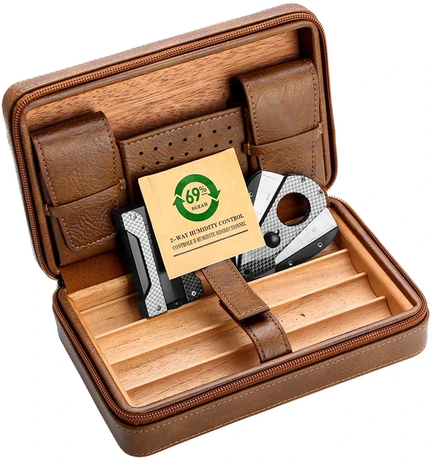 GALINER-가죽 시가 휴미더 탄소 섬유 라이터 커터 세트 휴대용 삼나무 목재 케이스 여행 박스, 01 Case Set humidifier
