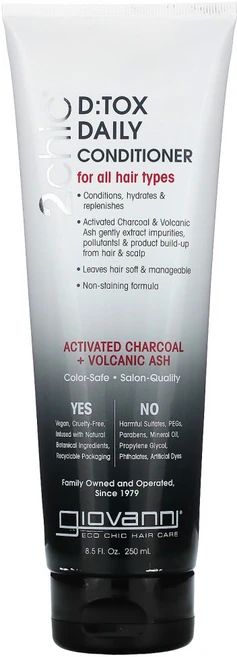 Giovanni 모발 관리 2chic 디:톡스 데일리 컨디셔너 모든 모발용 활성탄 + 화산재 250ml, 1개 - 쿠팡