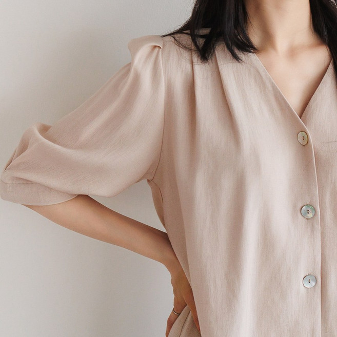 핀턱 퍼프 린넨 7부 블라우스