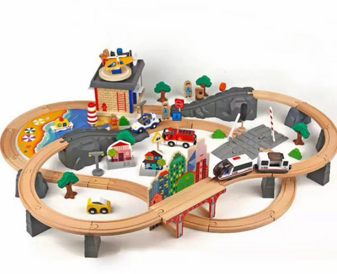 CORHAND 木製火車軌道套裝 附收納箱 相容 IKEA Hape 玩具, 1個, K款-電動（92pcs),紙箱裝