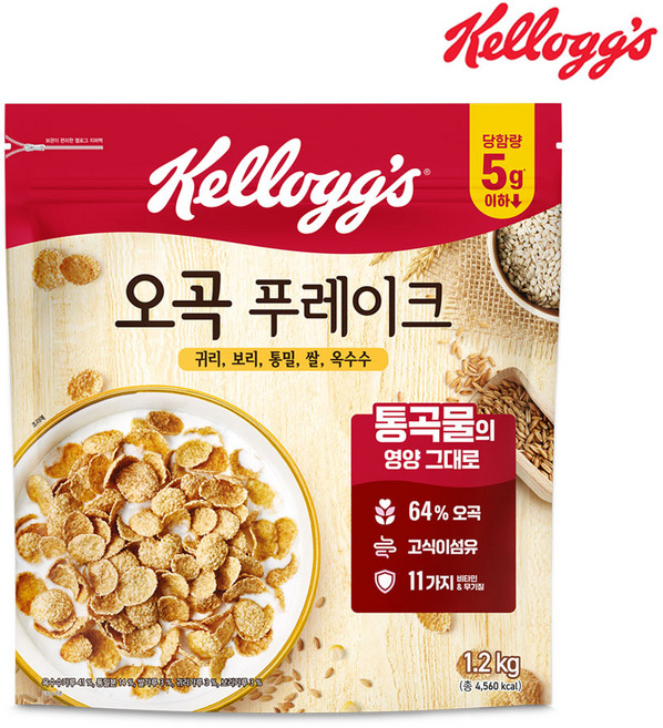 농심 켈로그 오곡 푸레이크 대용량 씨리얼 아침식사대용, 1.2kg, 1개