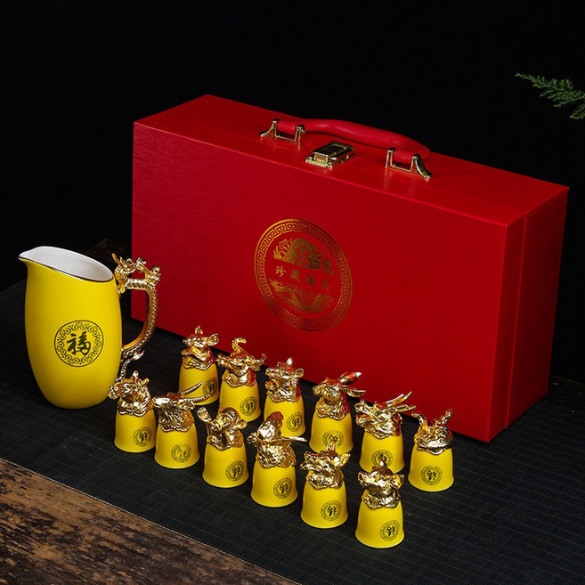 고량주잔 술 수정방 술잔세트 스트레이트 순홍색 다이아 연태주 술수정방 고량주, 제왕 엘로 12지신 주기 소세트, 1개