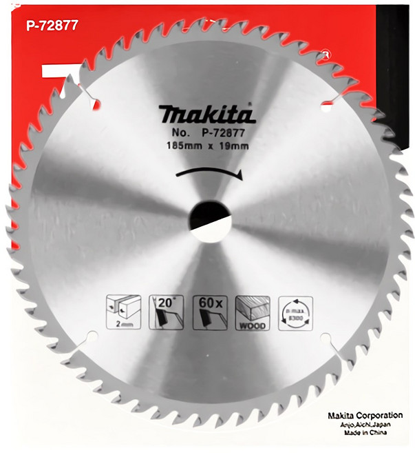 마끼다공식대리점 185mm 목재용 원형톱날 나무 목공 그라인더날 60날 2.0T 팁쏘 P-72877, 1개