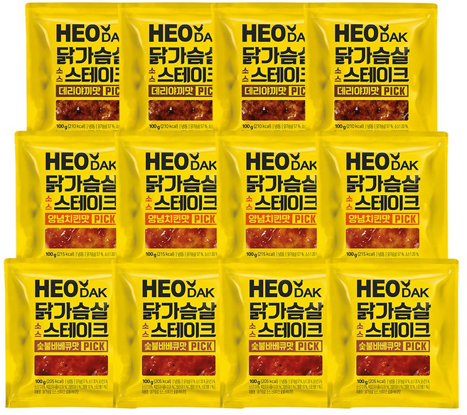 허닭PICK 닭가슴살 소스 스테이크 3종 혼합, 12개, 100g