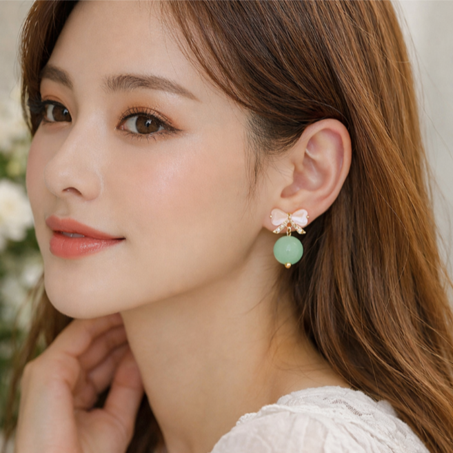 주포어유 리본 모조진주 재물운 모조옥 귀걸이