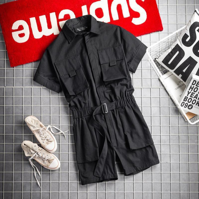 페이준 여름 카고 점프슈트 남성 루즈핏 반팔 점프슈트 남성 캐주얼 반바지 점프슈트 NT1076, S, 블랙841, 1개