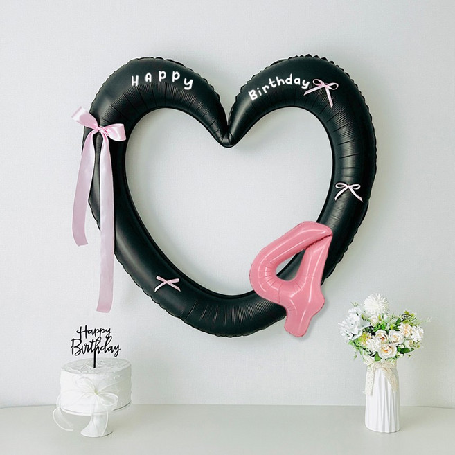 연지마켓 생일 하트프레임풍선 블랙 숫자 생일파티 용품 세트 (자유레터링), 1세트, 블랙하트 숫자 4