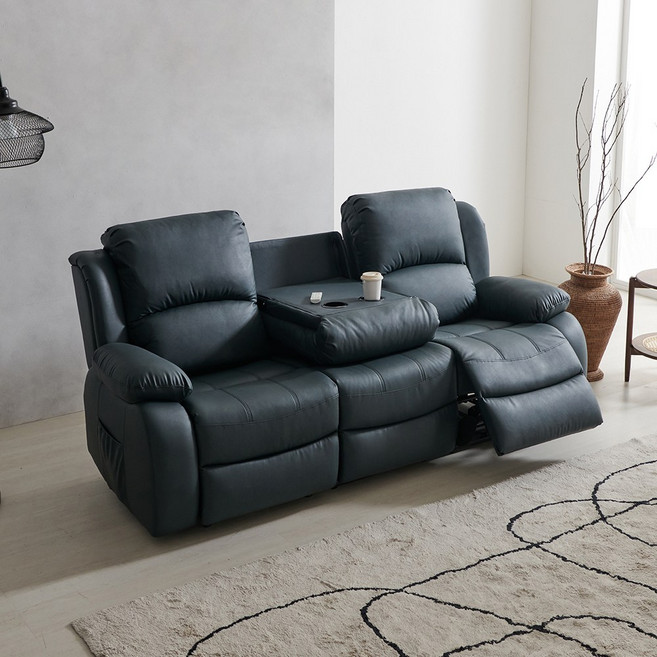 라로퍼니처 에어레더 나파 가죽 전동 리클라이너 쇼파 1인 3인 4인용 홈바형 소파, 네이비