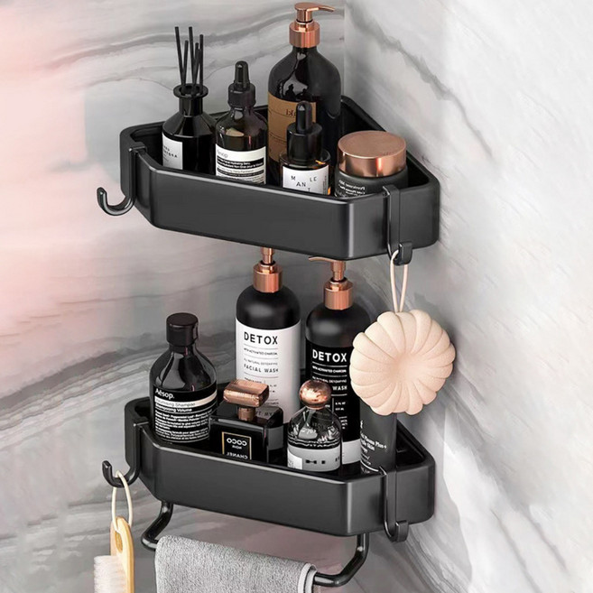 마힐스 무타공 2단 욕실 선반 코너형 물빠짐 거치대 항공 알루미늄 벽 부착, 블랙