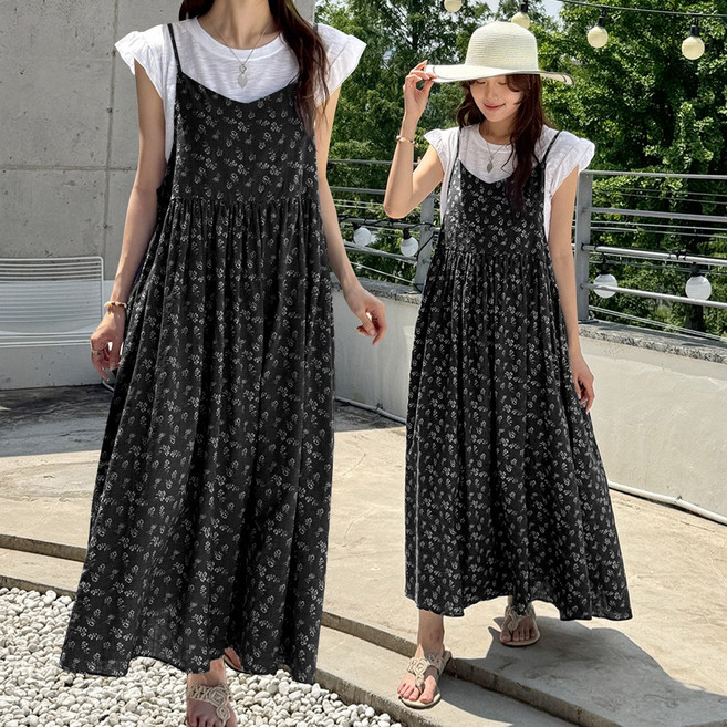 데일리앤 시미즈 여름 린넨 뷔스티에 끈 나시 레이어드 롱원피스 셔링 플라워 원피스 휴양지 바캉스