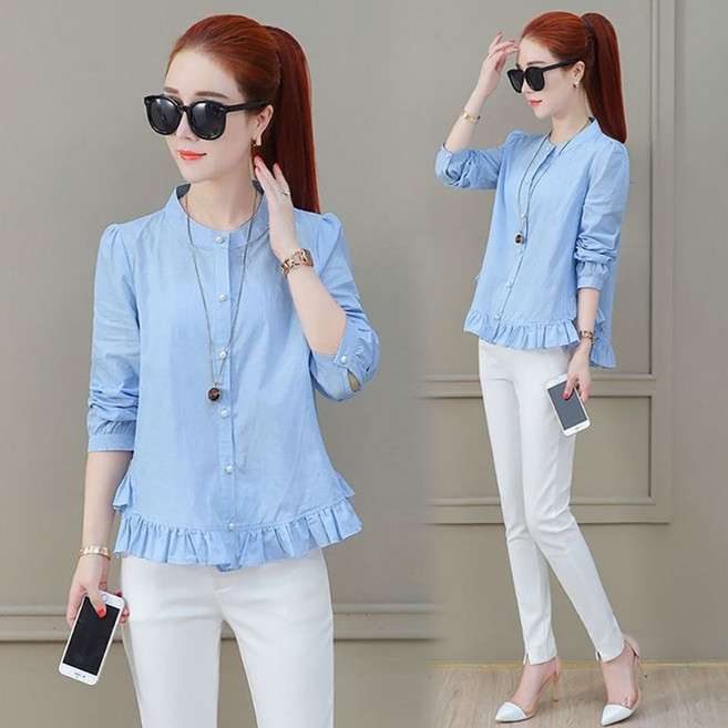 MOSAIRATION 여성 라운드넥 기본 긴팔 셔츠 프릴 디테일 캐주얼 버클 셔츠 B0040415