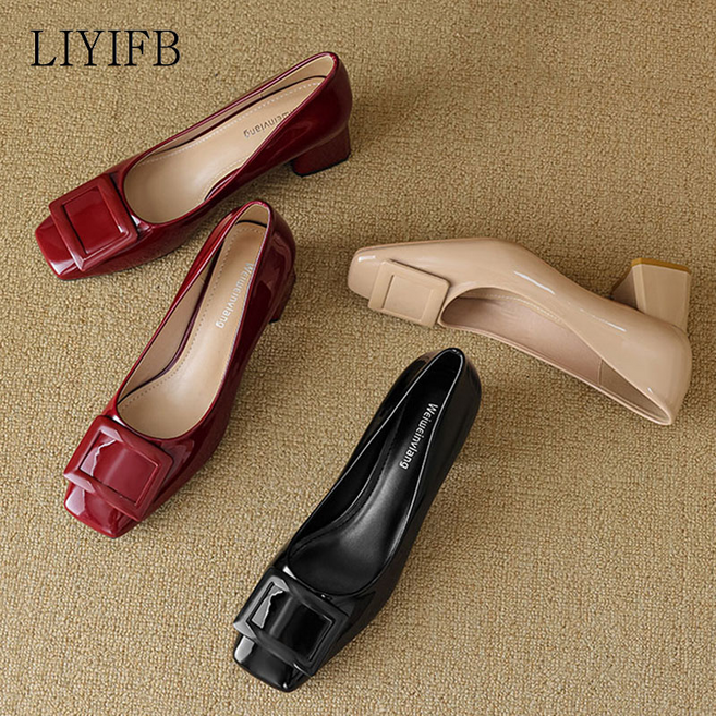 LIYIFB 여성 소가죽 펌프스구두 미들힐 빅사이즈 여성단화 260-220