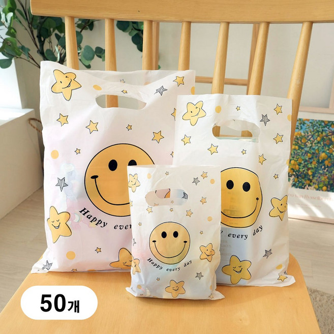 스마일 손잡이 비닐 쇼핑백 비닐 봉투, 50개