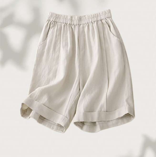 Makone 여성 린넨 여름 얇은 밴딩 하이웨스트 반바지 와이드 A라인 캐주얼 5부 팬츠