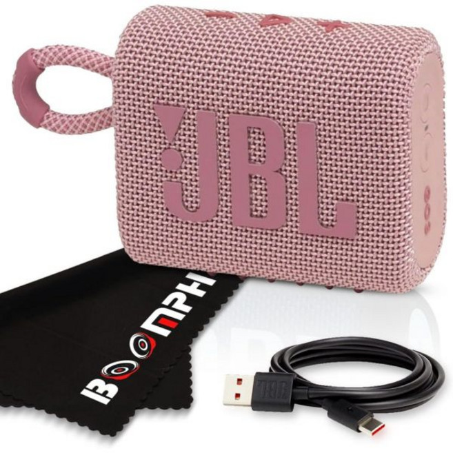 Boomph OnTheGo 키트 JBL Go 3 휴대용 블루투스 무선 스피커 IP67 방수 및 방진 내장 배터리 그린, Pink, 핑크