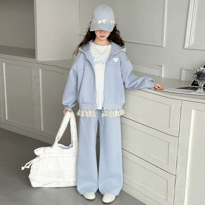 UPPERCUT 여아 봄가을 레이스 장식 후드집업 트레이닝 상하 세트