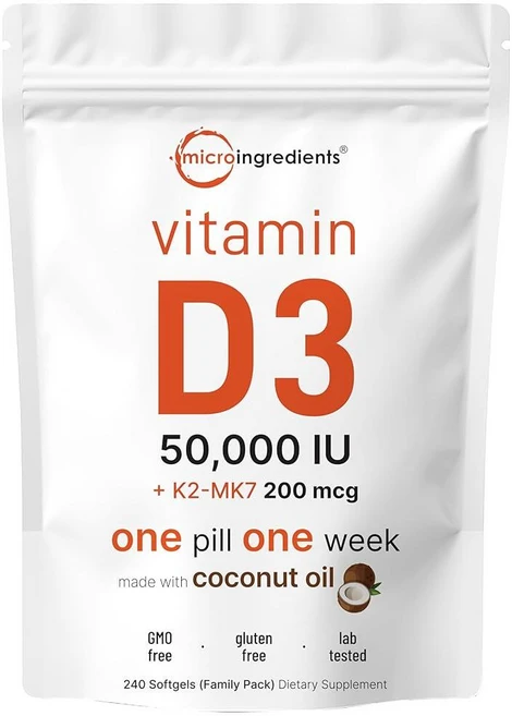 Micro Ingredients 비타민 D3 50 000 IU 플러스 K2 (MK-7) 200mcg 소프트젤 240개, Micro Ingredients 비타민 D3 50,00, 240정, 1개 - 쿠팡