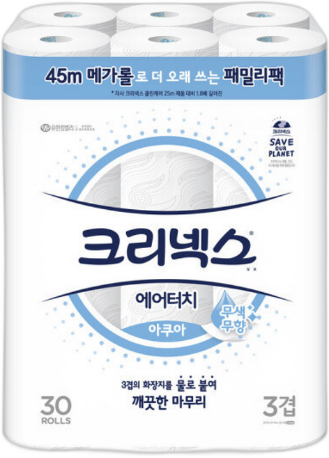 크리넥스 에어터치 아쿠아 패밀리팩 3겹 45M, 1롤, 1세트