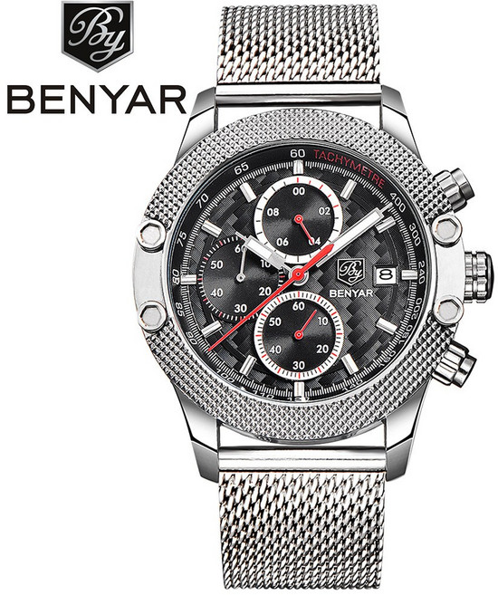 위드에이 BENYAR 5109 남자 슬림체인 손목시계 메쉬밴드 메탈시계 오토캘린더 스톱워치 남성 정장 비즈니스 워치 쿼츠타입