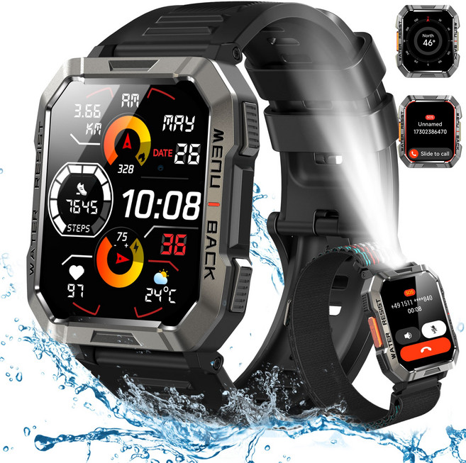 IOWODO W60 아웃도어 스마트워치 2.01인치 대형 화면 900mAh 배터리 방수 먼지충격 방지 통화 나침반 손전등, 블루투스, 4.4cm, 검정색