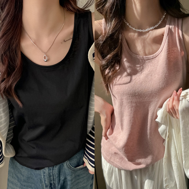 에쥬아 1+1 베이직 나시티 루즈핏 라운드넥 민소매 꾸안꾸 데일리룩 레이어드 이너티
