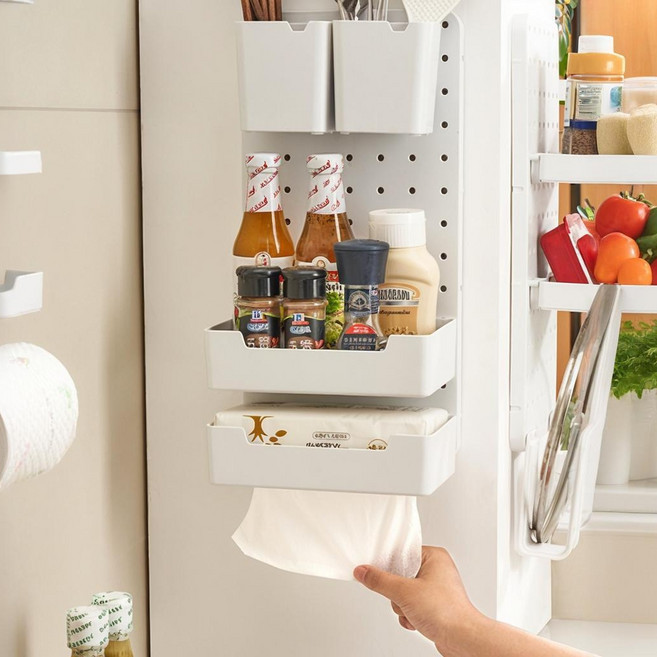 주방선반 벽걸이 양념통 무펀칭 벽선반 수저통 일체형 다용도 벽 걸이 수납 선반, 3단, 베이지 B