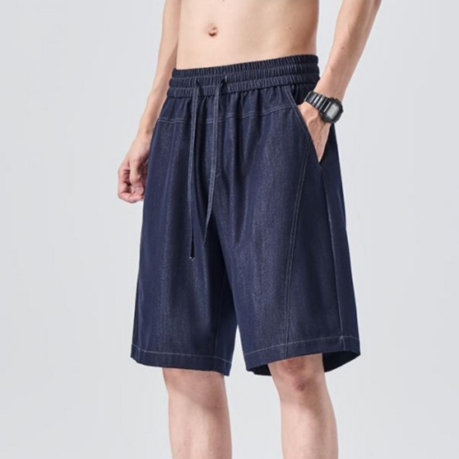 Makone 남성 아이스실 청바지 스트레이트 루즈핏 캐주얼 5부바지 데님 반바지