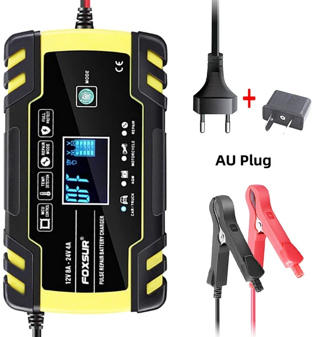 FOXSUR 스마트 자동차 배터리 충전기 펄스 수리 LCD 포함 12V 4A 8A 트럭 오토바이 RVs AGM 젤 납산, 01 AU Adapter (Yellow), 1개