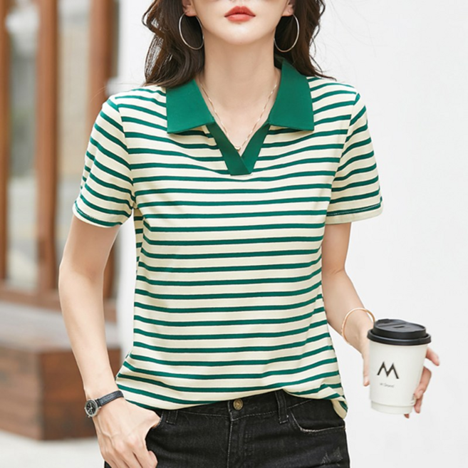 SALE-NEW 여름 여성반팔티 스트라이프티셔츠 카라티 면티 골프티셔츠 캐주얼 브이넥티셔츠 쿨링티셔츠 컴포트 원단 3XL