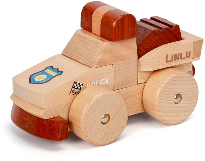 兒童工程車挖掘機玩具實木吊車寶寶磁吸汽車模型擺件木質生日禮物, 1個, 警車:如圖