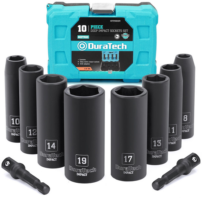 DURATECH 10PCS 3/8인치 드라이브 임팩트 소켓 8종 미터 규격 딥 임팩트 소켓 2개 1/4인치 육각 연장바, 1세트