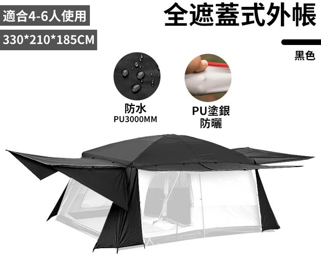 元氣柚 兩房一廳 全遮蓋式帳篷 黑色, 小號-黑色防水外帳