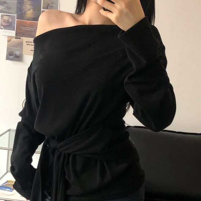 더한땀 글램 여성 허리잘록 드레이프 오프숄더 티셔츠