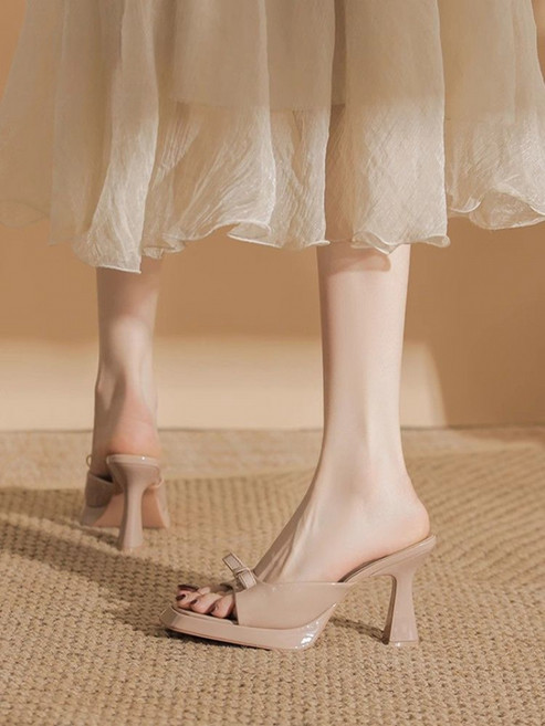 여성 스퀘어 리본 슬리퍼 여름 에나멜 가보시 힐 샌들