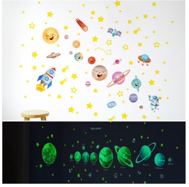 국산 환타 아이방 야광스티커 밤하늘 우주 파리 에펠탑 행성 데코 인테리어 붙이는 벽꾸미기 포인트 시트지 벽지 반짝이는 유치원 어린이집 놀이방 아기방 어린이방, 빛나는_우주선 FDS-21205