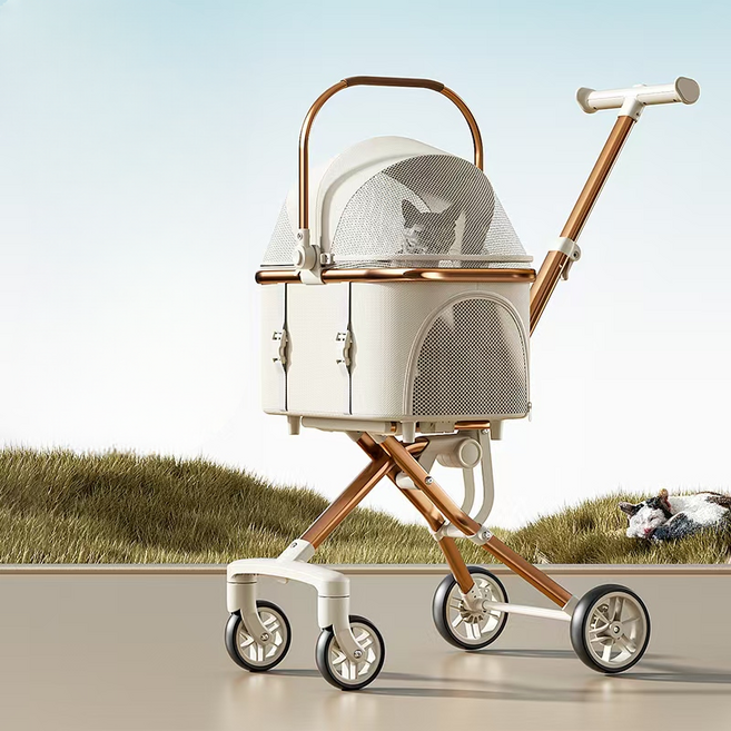 강아지 유모차 탈부착 가능 원터치 반려동물 유모차, 오프화이트, 1개