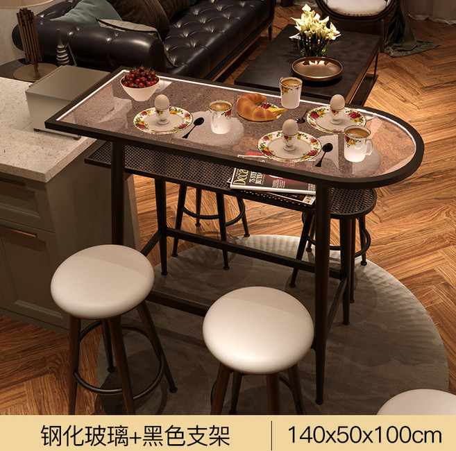 北歐輕奢吧檯桌：小戶型客廳廚房隔斷家用多功能餐桌, 黑色款鋼化玻璃檯面140尺寸,支架結構 組裝