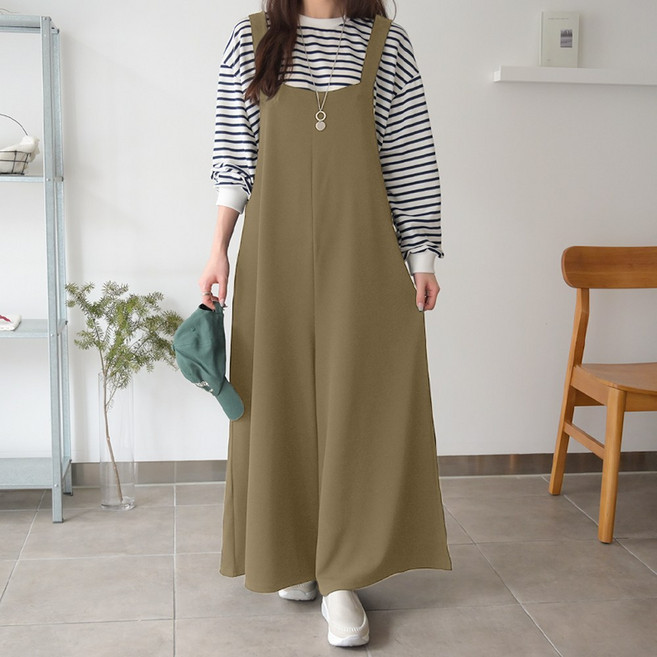 데일리앤 윌리엄 빅사이즈 여성 오버핏 엠보 스판 멜빵 와이드 팬츠 점프수트 봄 여름 가을