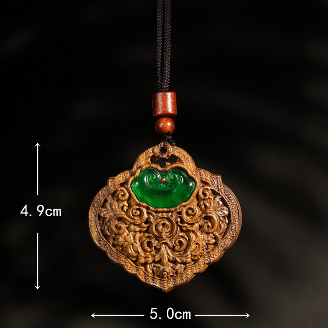 沉香木鑲嵌如意平安牌吊墜，木雕掛件，附項鍊繩