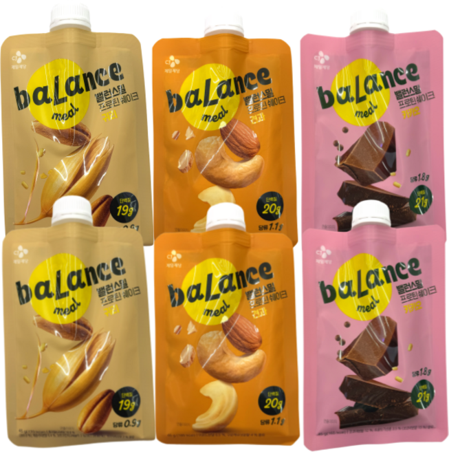 CJ 밸런스밀 프로틴 쉐이크 팩타입 3종 혼합 (귀리 견과 카카오), 45g