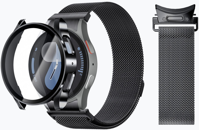 AITEWO 갤럭시워치 애플워치 호환 스트랩 마그네틱 밀레니즈 메탈 밴드 시계줄 액정보호 강화유리 풀커버 케이스 세트, 1개, 블랙